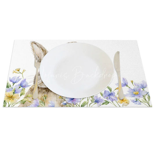 Lofaris Easter Set of 4 Placemats Watercolor Bunny Portrait Spring Wildflower Garden Dining Table Mats