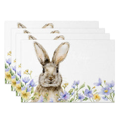 Lofaris Easter Set of 4 Placemats Watercolor Bunny Portrait Spring Wildflower Garden Dining Table Mats