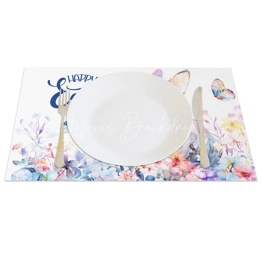Lofaris Easter Set of 4 Placemats Watercolor Rabbit Profile Blue Happy Wildflower Table Mats