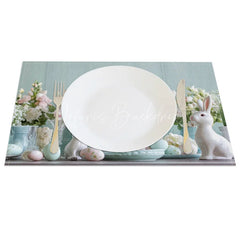 Lofaris Easter Set of 4 Placemats White Ceramic Bunnies Pastel Eggs Floral Blue Wood Spring Table Mats