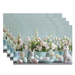 Lofaris Easter Set of 4 Placemats White Ceramic Bunnies Pastel Eggs Floral Blue Wood Spring Table Mats