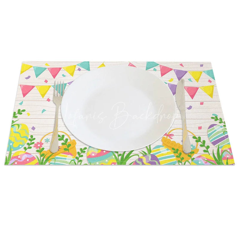Lofaris Easter Set of 4 Placemats Wood Texture Bunting Flags Happy Eggs Grass Dining Table Mats