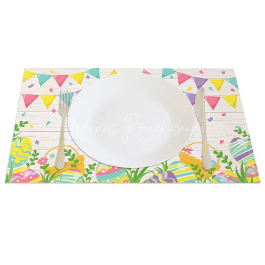 Lofaris Easter Set of 4 Placemats Wood Texture Bunting Flags Happy Eggs Grass Dining Table Mats