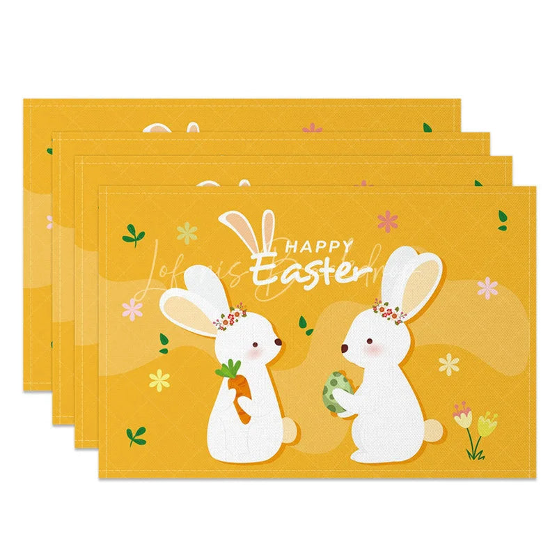 Lofaris Easter Set of 4 Placemats Yellow Background Cute Bunnies Happy Carrot Egg Dining Table Mats