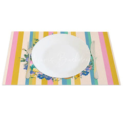 Lofaris Easter Set of 4 Placemats Yellow Blue Pink Stripes White Rabbit Wreath Dining Table Mats