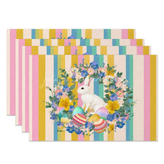 Lofaris Easter Set of 4 Placemats Yellow Blue Pink Stripes White Rabbit Wreath Dining Table Mats