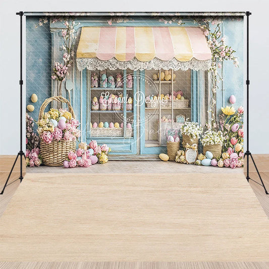 Lofaris Easter Shop Front Combo Set Backdrop Spring Pastel Eggs Flower Store Wood Floor Photography Prop