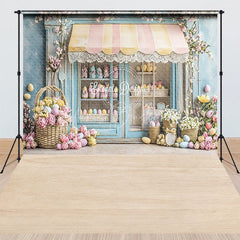 Lofaris Easter Shop Front Combo Set Backdrop Spring Pastel Eggs Flower Store Wood Floor Photography Prop