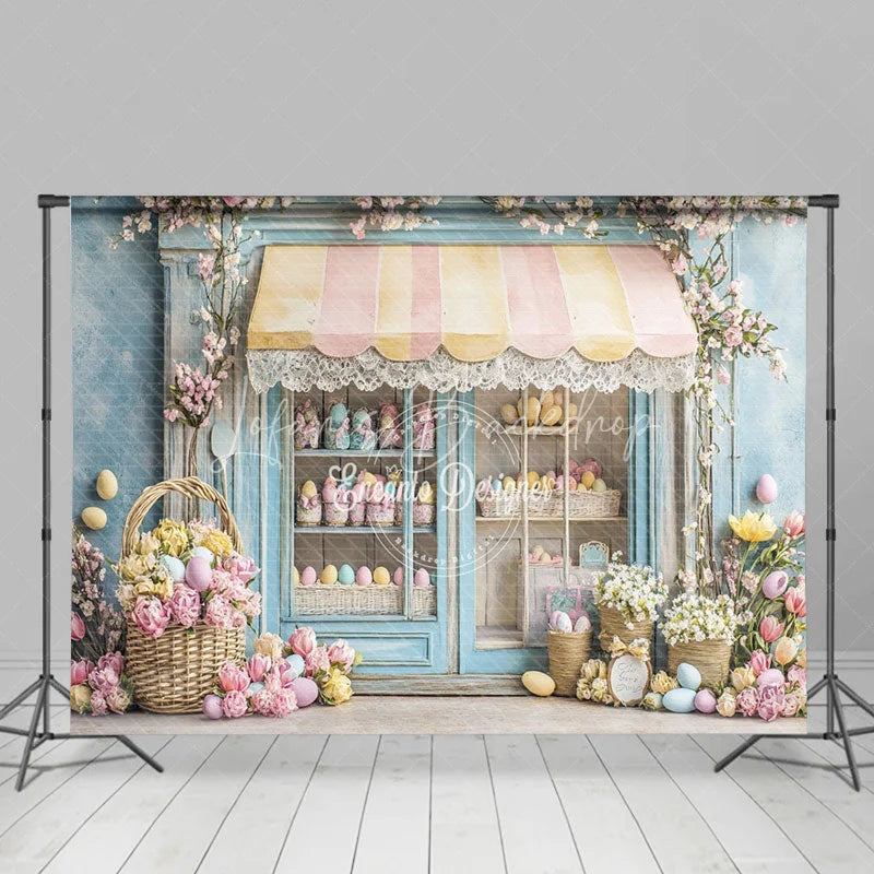 Lofaris Easter Shop Front Combo Set Backdrop Spring Pastel Eggs Flower Store Wood Floor Photography Prop