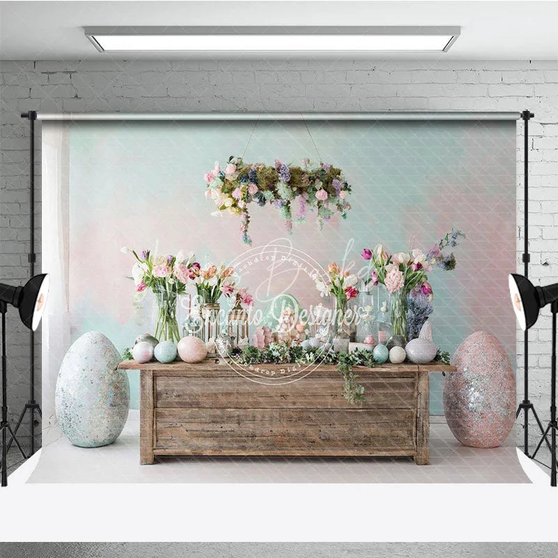 Lofaris Easter Spring Floral Table Setting Backdrop Glitter Eggs and Fresh Flowers Party Decoration