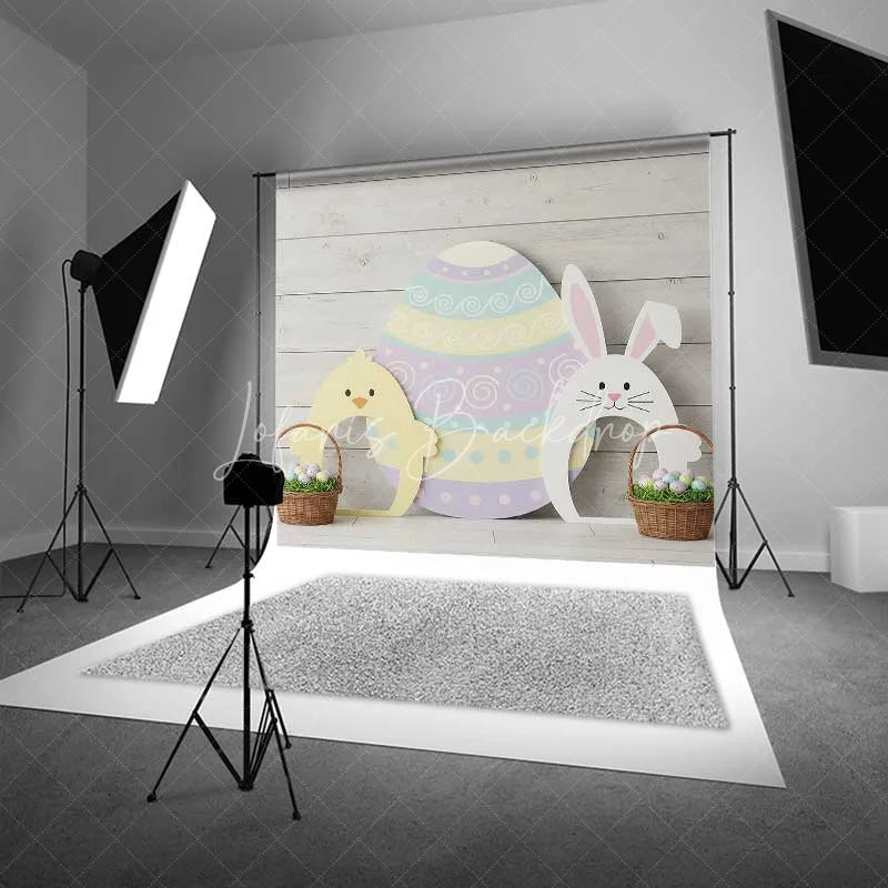 Lofaris Easter Wood Backdrop Bunny Chick Egg Cutouts Background Spring Rustic Floor Kids Portrait Photography Studio Prop