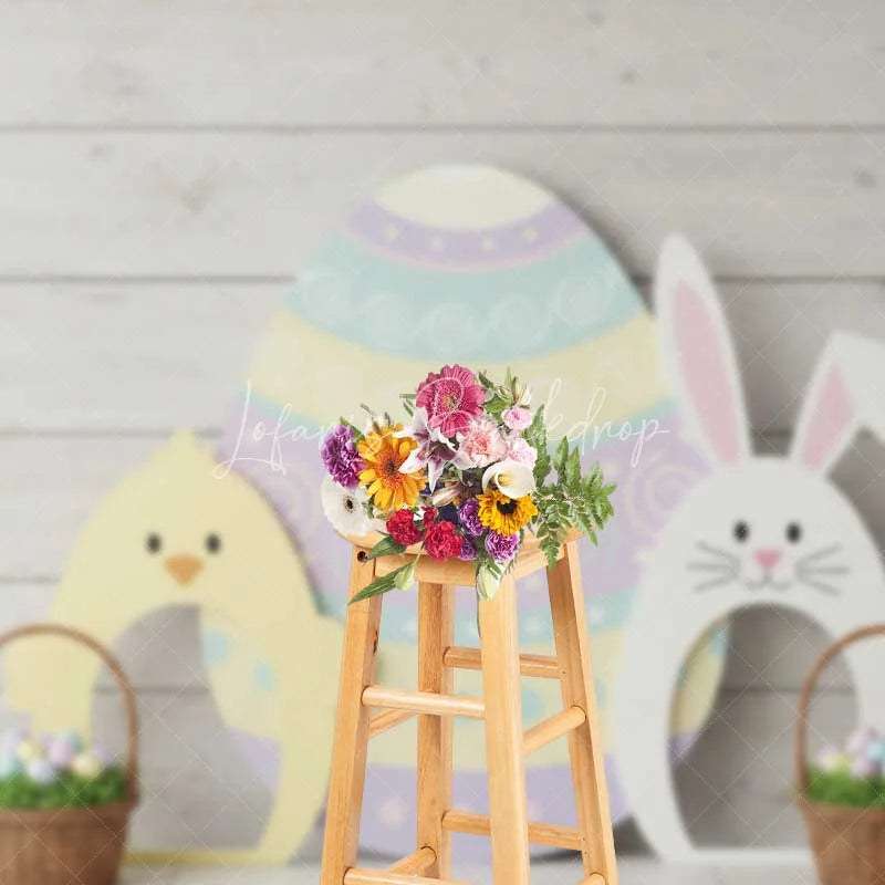Lofaris Easter Wood Backdrop Bunny Chick Egg Cutouts Background Spring Rustic Floor Kids Portrait Photography Studio Prop