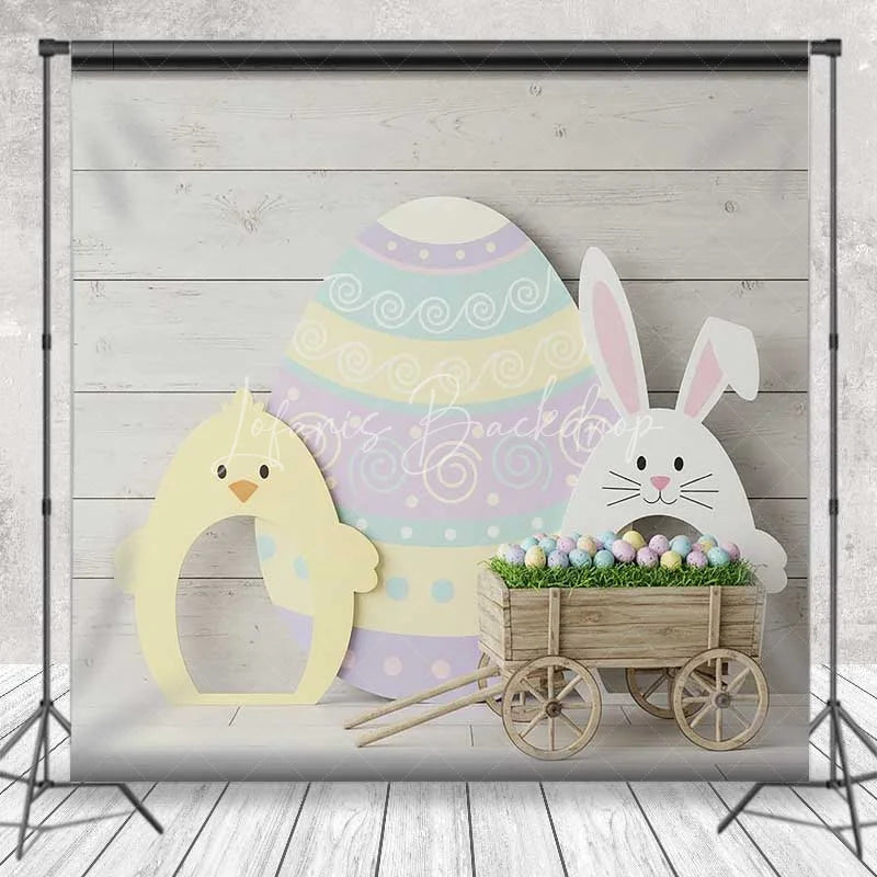 Lofaris Easter Wooden Wagon Backdrop Spring Bunny Chick Background Rustic Egg Cart Kids Birthday Party Photography Prop