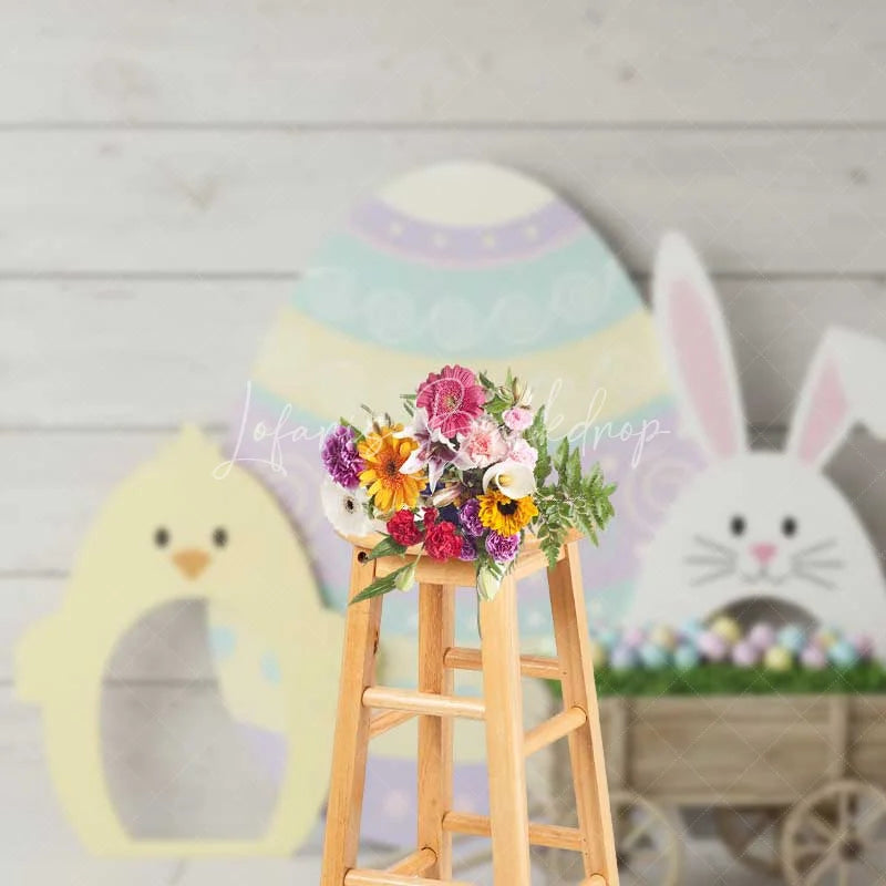 Lofaris Easter Wooden Wagon Backdrop Spring Bunny Chick Background Rustic Egg Cart Kids Birthday Party Photography Prop