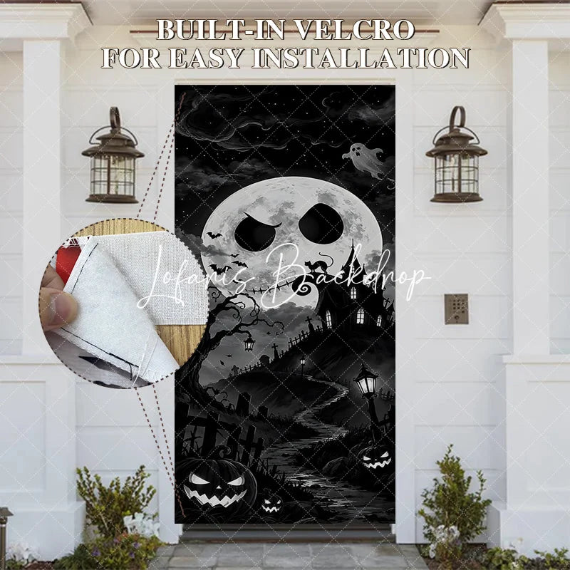 Lofaris Eerie Black and White Spooky Moon Haunted House Halloween Door Cover Graveyard Jack-o’-Lanterns Decor