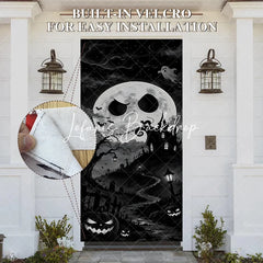 Lofaris Eerie Black and White Spooky Moon Haunted House Halloween Door Cover Graveyard Jack-o’-Lanterns Decor
