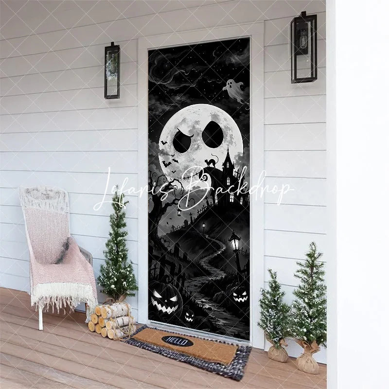 Lofaris Eerie Black and White Spooky Moon Haunted House Halloween Door Cover Graveyard Jack-o’-Lanterns Decor