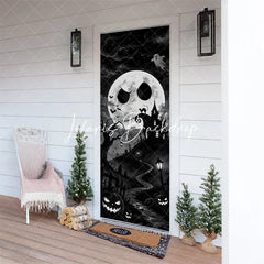 Lofaris Eerie Black and White Spooky Moon Haunted House Halloween Door Cover Graveyard Jack-o’-Lanterns Decor
