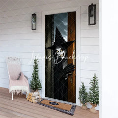 Lofaris Eerie Creepy Witch with Glowing Yellow Eyes and Spooky Smile Halloween Door Cover Dark Party Decor