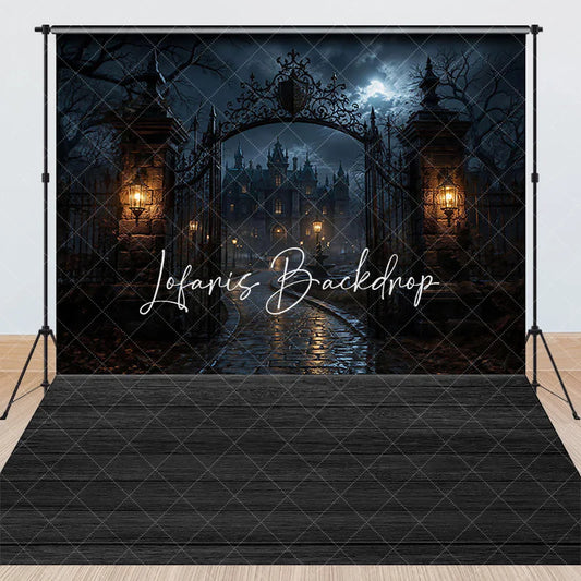 Lofaris Eerie Gothic Haunted Mansion Ornate Gate Moonlit Night Combo Set Backdrop Spooky Halloween Party and Dark Fantasy Decor