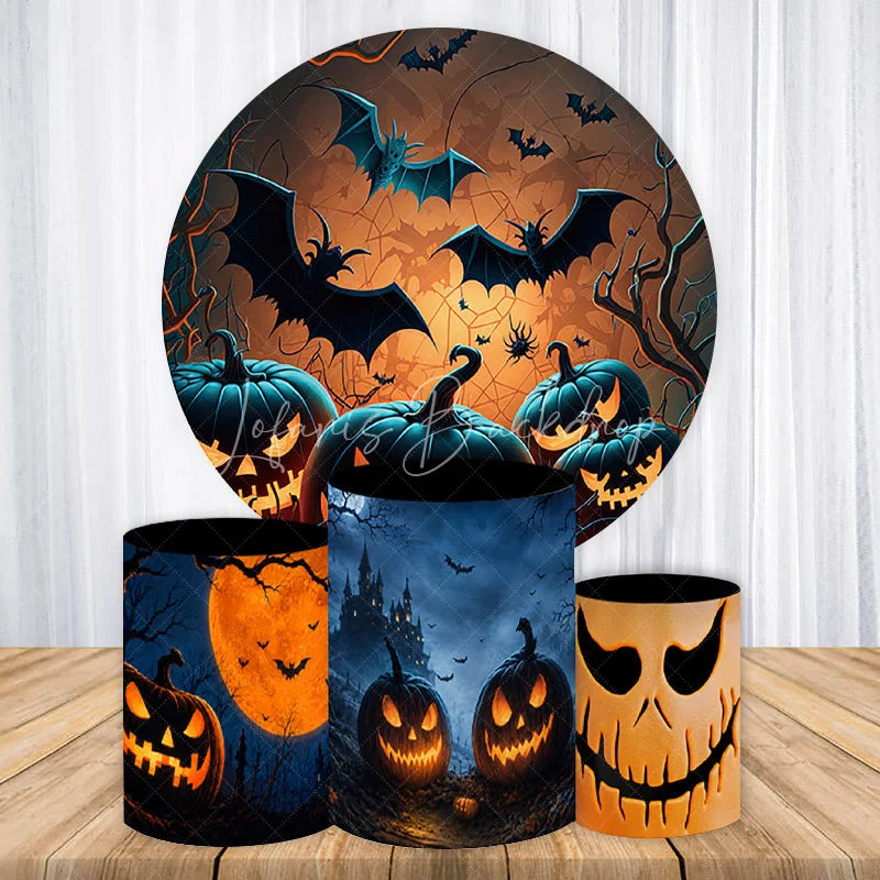 Lofaris Eerie Halloween Night Round Backdrop Kit with Glowing Jack-O-Lanterns Flying Bats and Haunted Castle Party Decor.