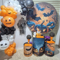 Lofaris Eerie Halloween Night Round Backdrop Kit with Glowing Jack-O-Lanterns Flying Bats and Haunted Castle Party Decor.