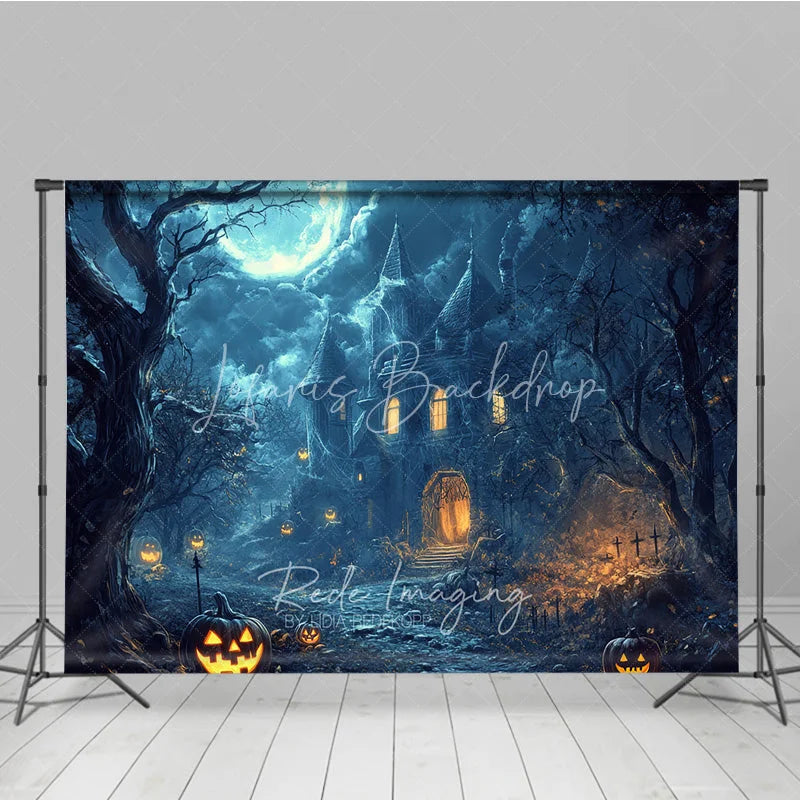 Lofaris Eerie Haunted Castle Full Moon Halloween Holiday Backdrop Spooky Jack-o-Lanterns and Dark Trees Decor