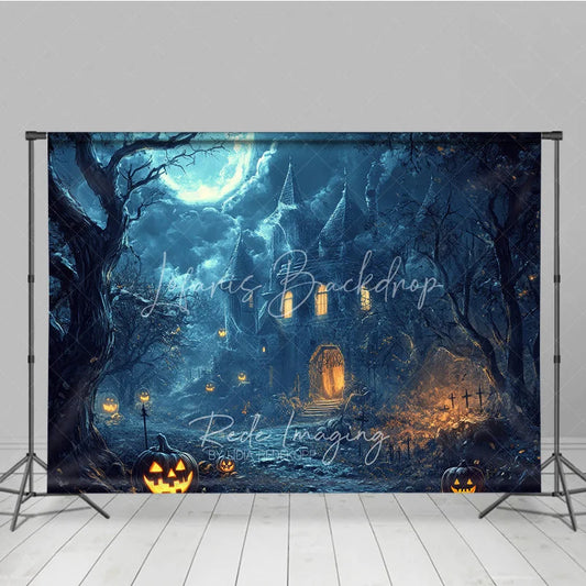 Lofaris Eerie Haunted Castle Full Moon Halloween Holiday Backdrop Spooky Jack-o-Lanterns and Dark Trees Decor
