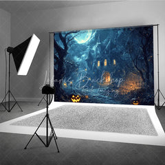 Lofaris Eerie Haunted Castle Full Moon Halloween Holiday Backdrop Spooky Jack-o-Lanterns and Dark Trees Decor