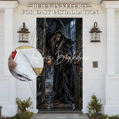 Lofaris Eerie Old Witch Haunted House Door Cover Spooky Halloween Party Decor with Full Moon and Distressed