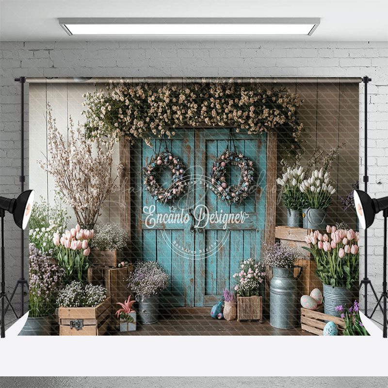 Lofaris Eggs Wreath Blue Wood Door Retro Easter Backdrop