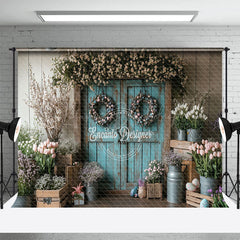 Lofaris Eggs Wreath Blue Wood Door Retro Easter Backdrop