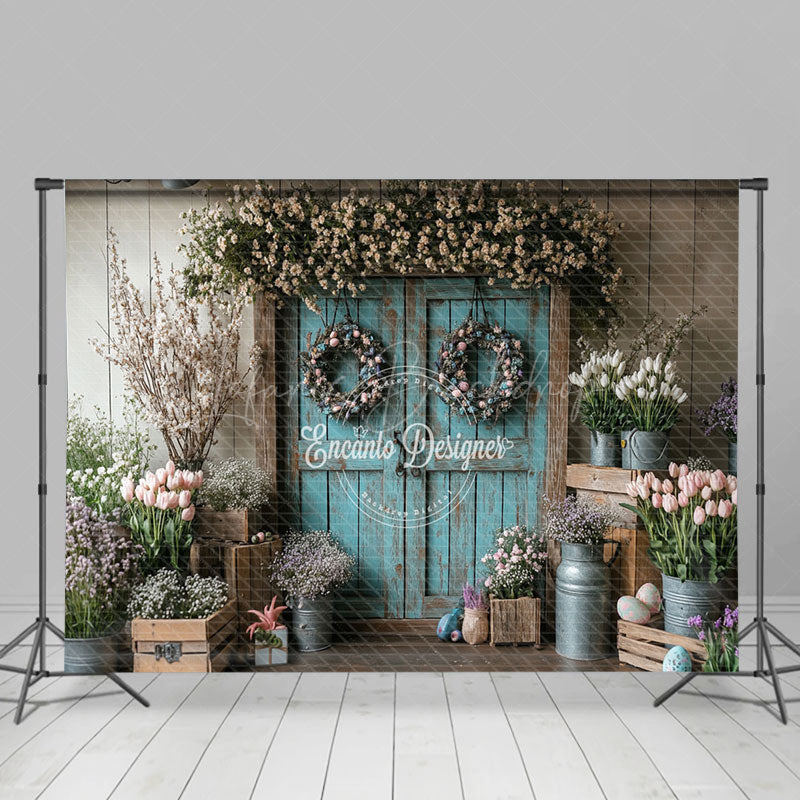 Lofaris Eggs Wreath Blue Wood Door Retro Easter Backdrop