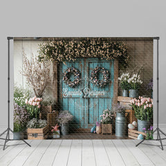 Lofaris Eggs Wreath Blue Wood Door Retro Easter Backdrop