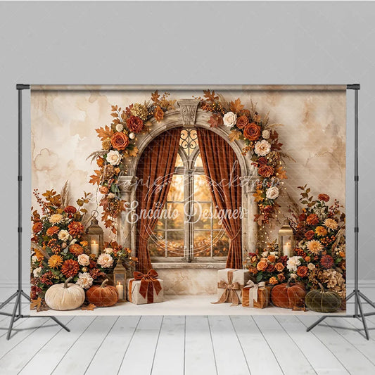 Lofaris Elegant Autumn Arched Window Photography Backdrop with Fall Leaves Pumpkins and Lanterns for Festive Decor