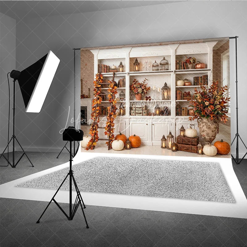 Lofaris Elegant Autumn Bookshelf Photography Backdrop with Pumpkins and Fall Leaves Decor Rustic Seasonal Scene
