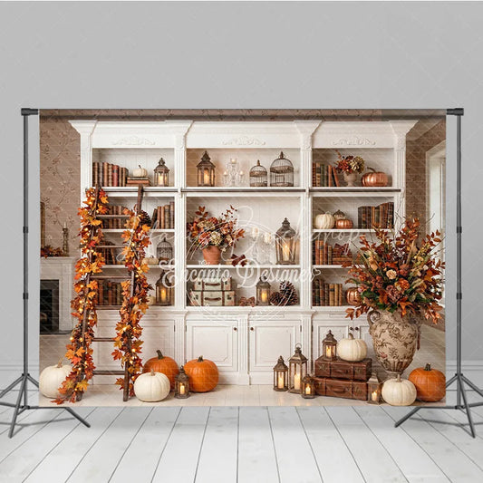 Lofaris Elegant Autumn Bookshelf Photography Backdrop with Pumpkins and Fall Leaves Decor Rustic Seasonal Scene