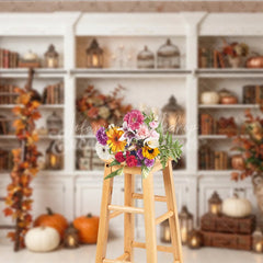 Lofaris Elegant Autumn Bookshelf Photography Backdrop with Pumpkins and Fall Leaves Decor Rustic Seasonal Scene