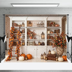 Lofaris Elegant Autumn Bookshelf Photography Backdrop with Pumpkins and Fall Leaves Decor Rustic Seasonal Scene