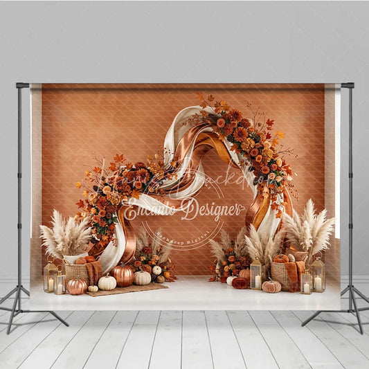 Lofaris Elegant Autumn Floral Arch Photography Backdrop with Pumpkins and Pampas Grass Fall Harvest Party Decor
