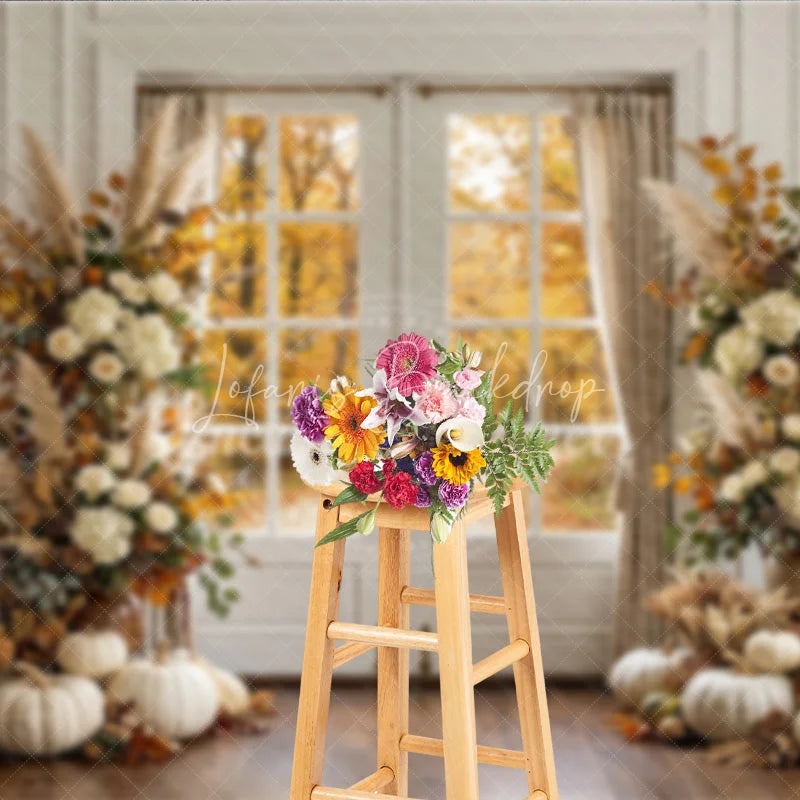 Lofaris Elegant Autumn Forest Photography Backdrop with Double Doors White Pumpkins and Pampas Grass Decor