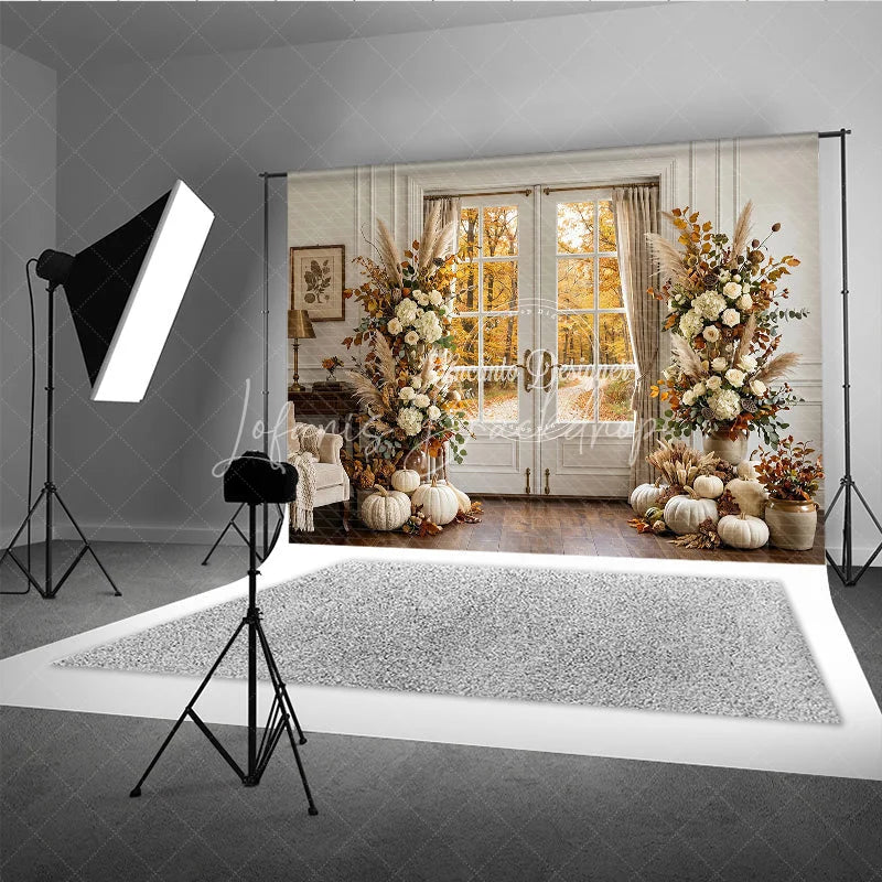 Lofaris Elegant Autumn Forest Photography Backdrop with Double Doors White Pumpkins and Pampas Grass Decor