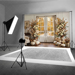 Lofaris Elegant Autumn Forest Photography Backdrop with Double Doors White Pumpkins and Pampas Grass Decor