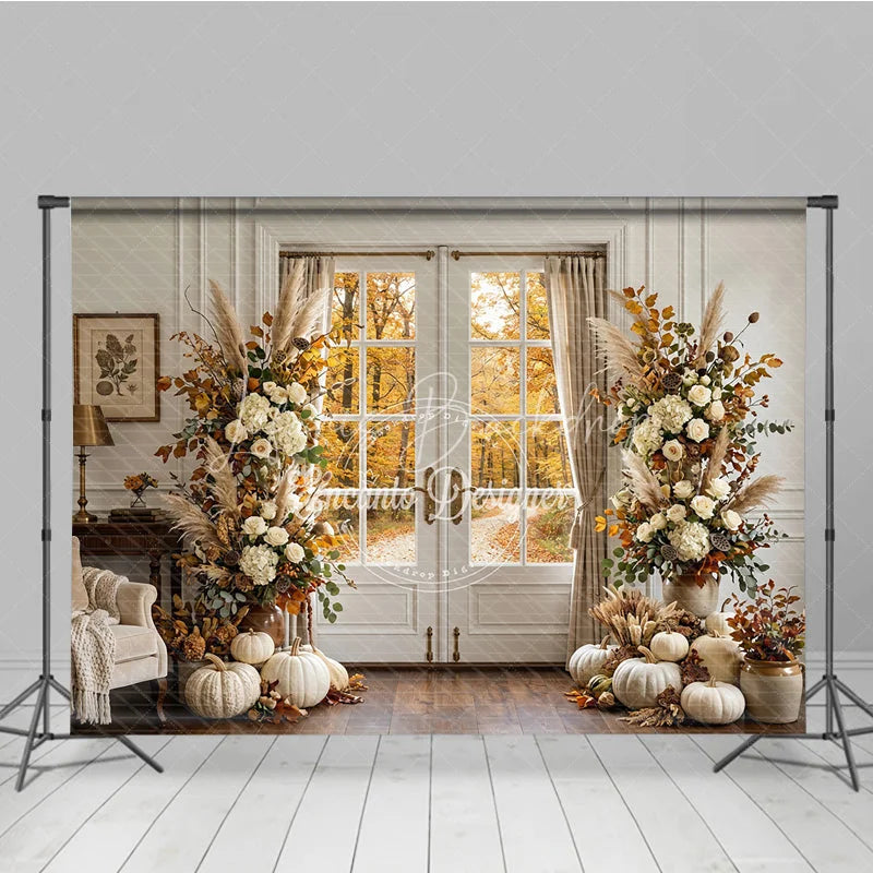 Lofaris Elegant Autumn Forest Photography Backdrop with Double Doors White Pumpkins and Pampas Grass Decor