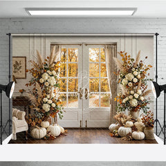 Lofaris Elegant Autumn Forest Photography Backdrop with Double Doors White Pumpkins and Pampas Grass Decor