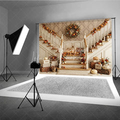Lofaris Elegant Autumn Harvest Staircase Photography Backdrop with Pumpkins and Fall Decor Warm Tones for Thanksgiving
