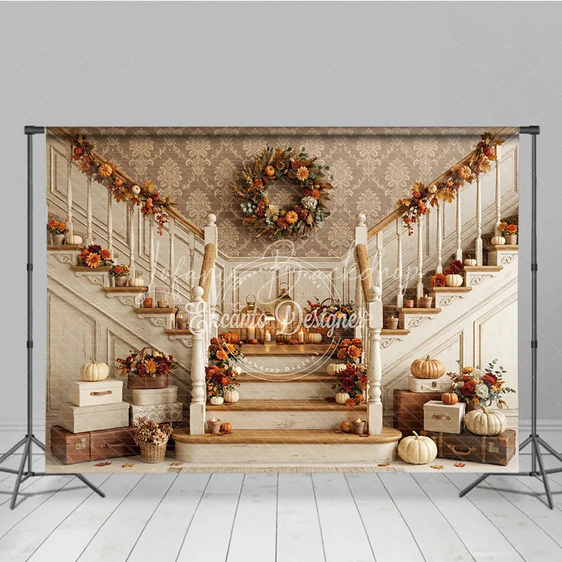 Lofaris Elegant Autumn Harvest Staircase Photography Backdrop with Pumpkins and Fall Decor Warm Tones for Thanksgiving