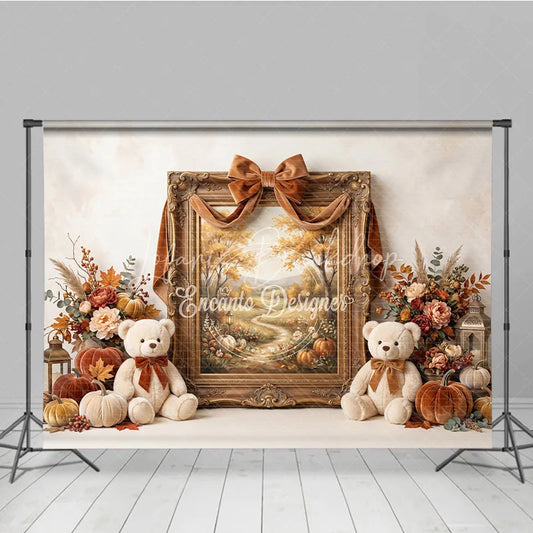 Lofaris Elegant Autumn Photography Backdrop with Golden Frame Velvet Ribbon Fall Foliage and Teddy Bears