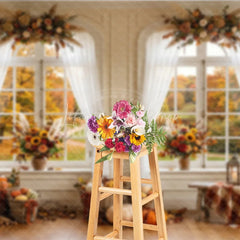 Lofaris Elegant Autumn Window Photography Backdrop with Golden Fall Foliage Pumpkins and Sunflowers