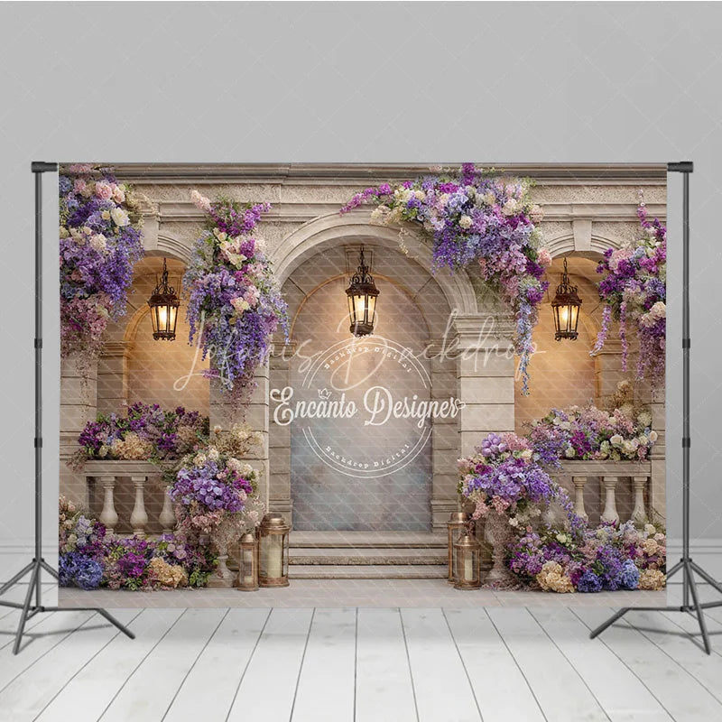 Lofaris Elegant Balcony Photography Backdrop with Purple Wisteria Architectural Columns Wedding Photo Background